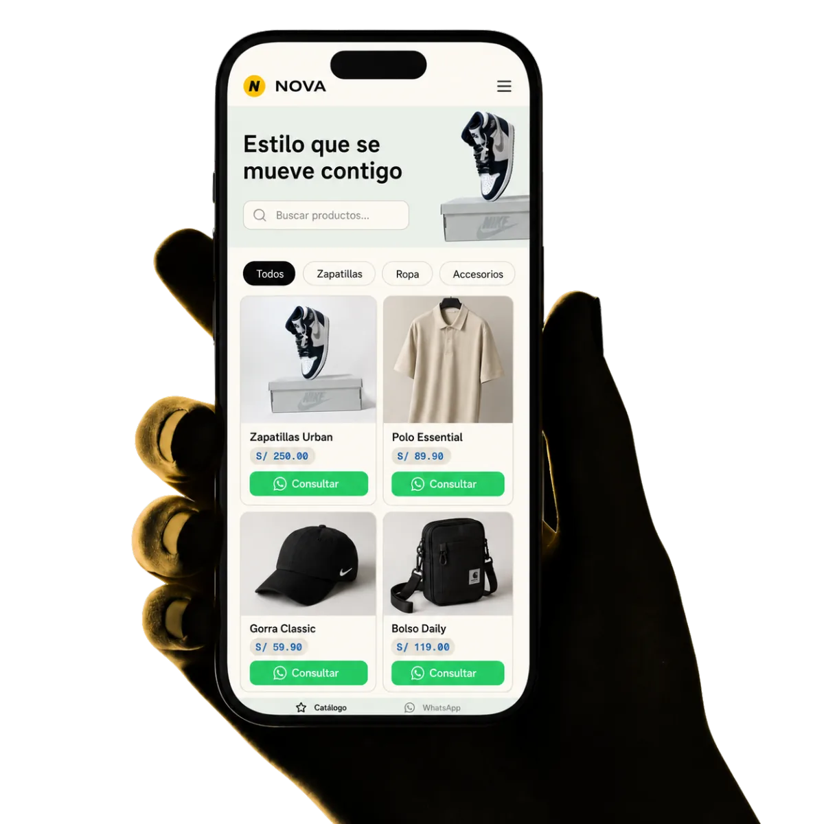 Una mano sosteniendo un celular con un catálogo de productos